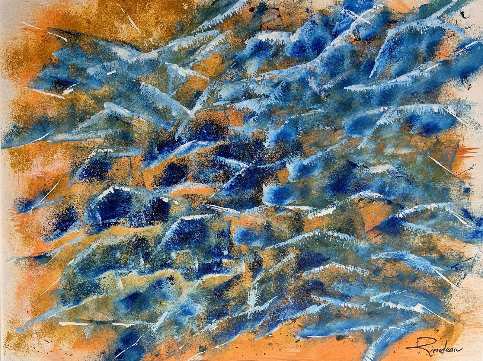 Migration Chromatique, œuvre abstraite de Ghislaine Riendeau aux bleus et ocres.