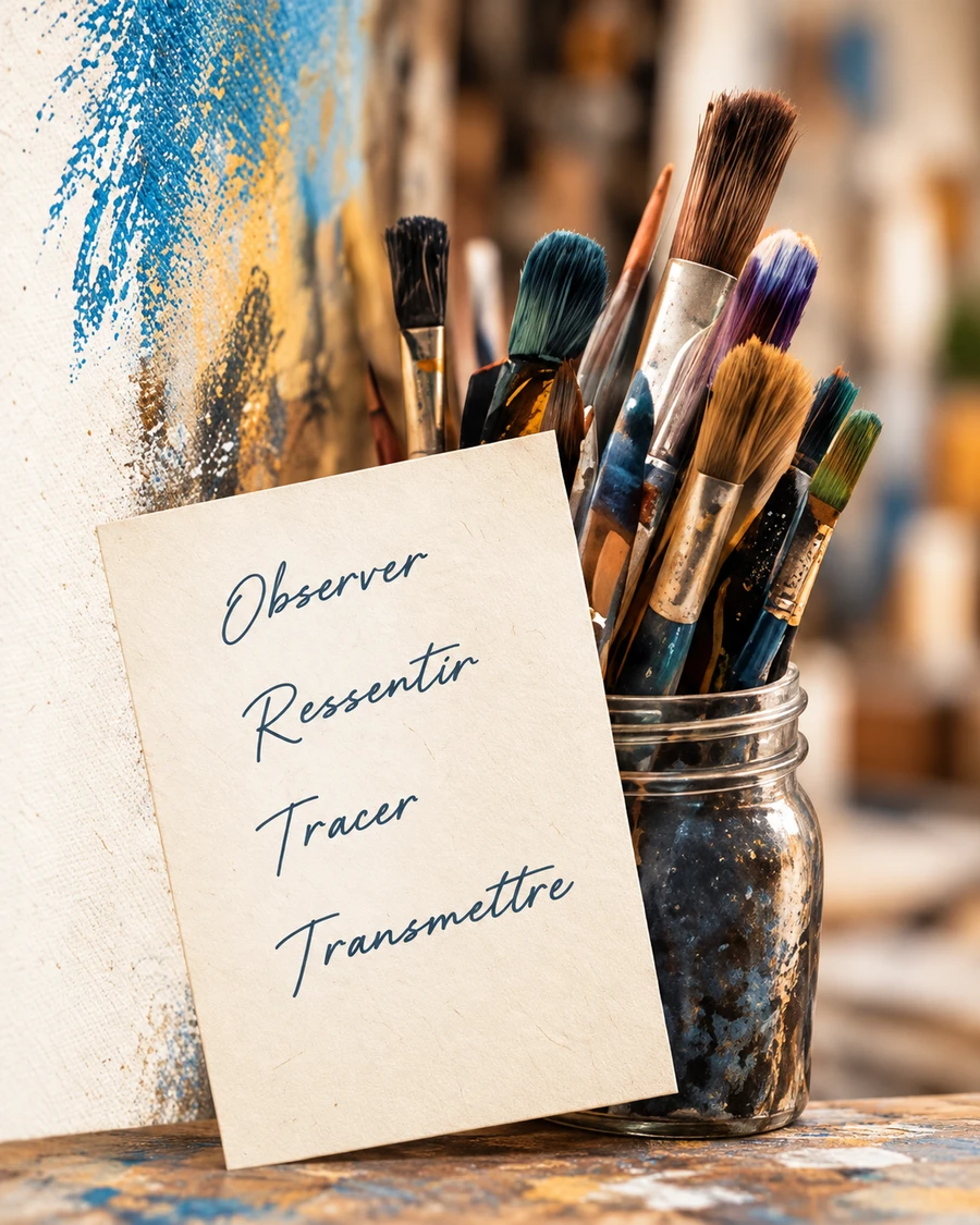 Pinceaux d’atelier et note : Observer, Ressentir, Tracer, Transmettre.
