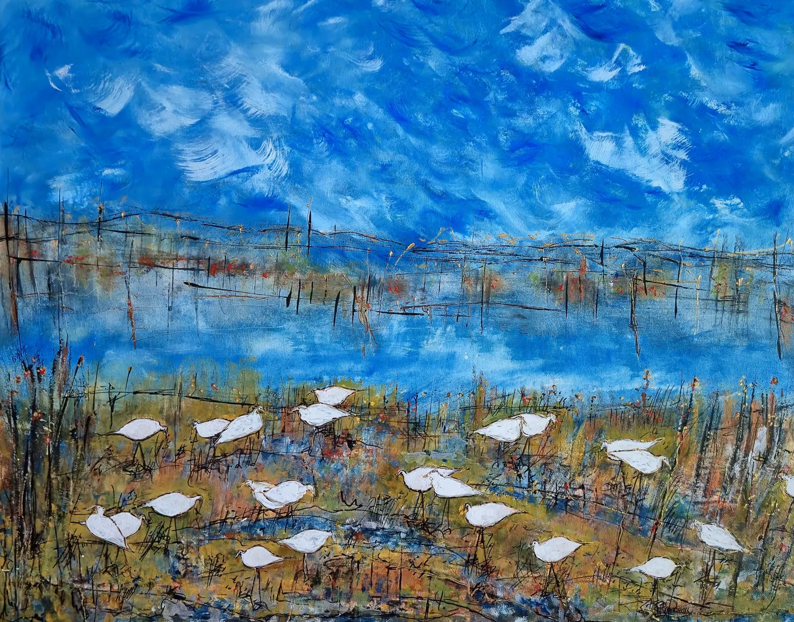 Un silence qui m’inspire, œuvre de Ghislaine Riendeau : grand ciel nuageux au-dessus d’un marais où se reposent des oiseaux blancs.